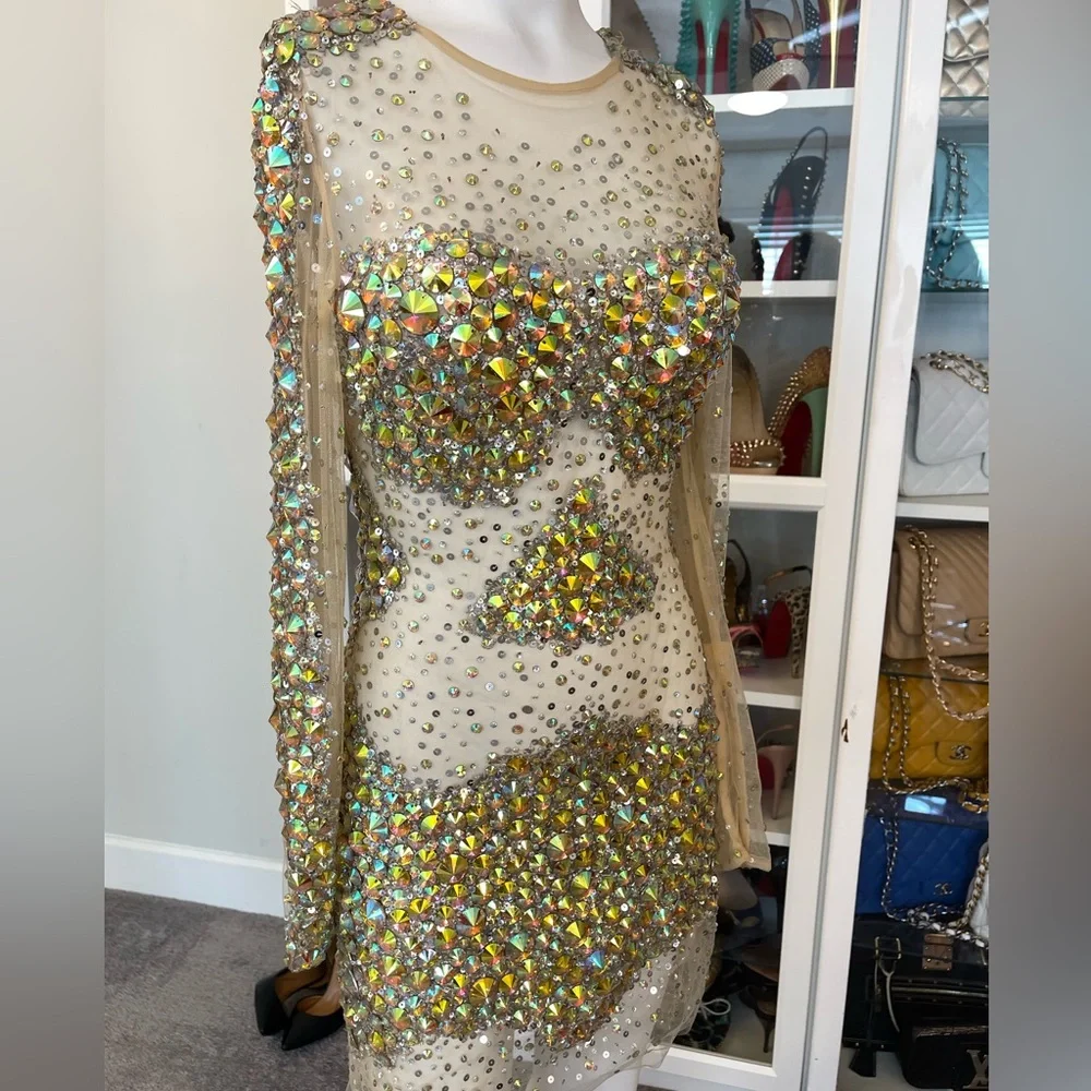 JOVANI 8 long sleeve shirt cocktail dress sheer mesh Crystal sequin NYE dress - Picture 11 of 14